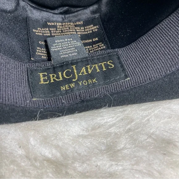 Eric Javits New York Black 100% Wool Wide Brim Fedora Hat Water Repellent L/XL - Picture 9 of 13